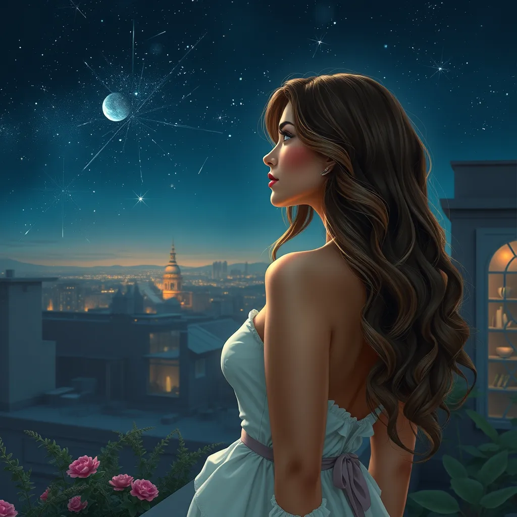 A captivating woman with long, wavy hair, gazing at the stars from a rooftop garden