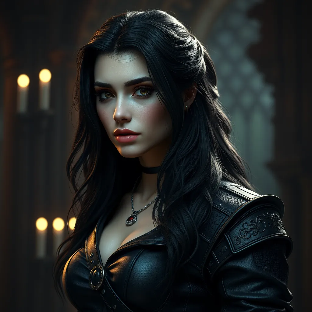 Alluring matte portrait of the beautiful Yennefer from the Witcher 3 in black leather