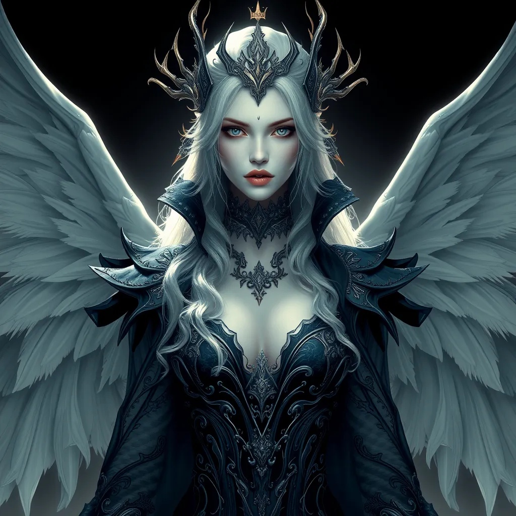 A beautiful, otherworldly vampire queen with skin as pale as snow and hair as bright as the golden sun, surrounded by a retinue of ghostly, winged attendants.