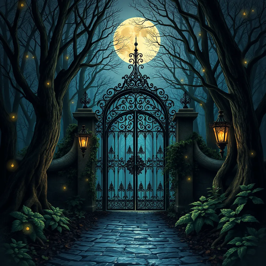 A beautiful digital illustration painting of a detailed gothic fantasy fireflies forest trees and iron gate cobblestone pathway vines full moon