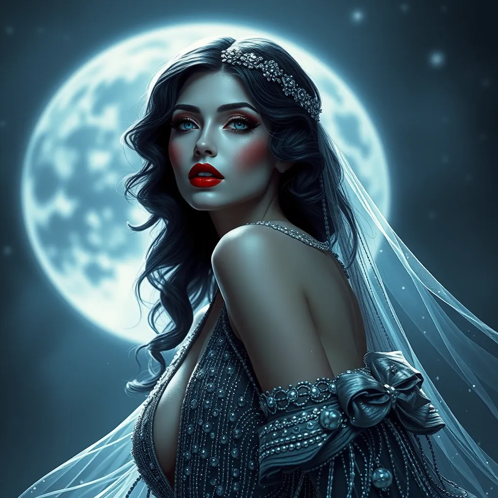 A seductive, 1920s-inspired vampire siren with a crimson lip and a flowing, beaded gown that shimmers like the stars in a midnight sky.