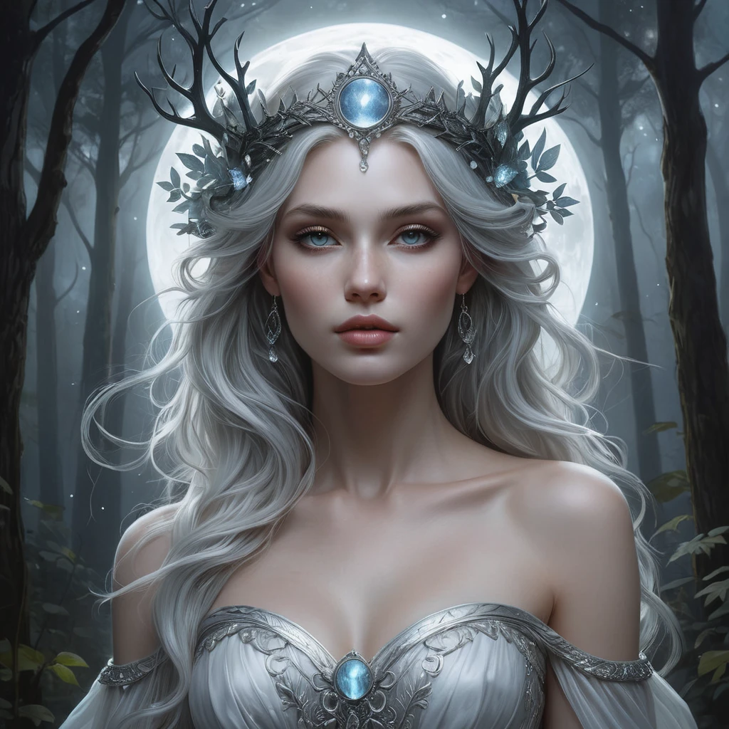 A mystical, moonlit forest queen with skin as pale as alabaster and hair as black as the night sky, surrounded by a halo of ethereal mist.