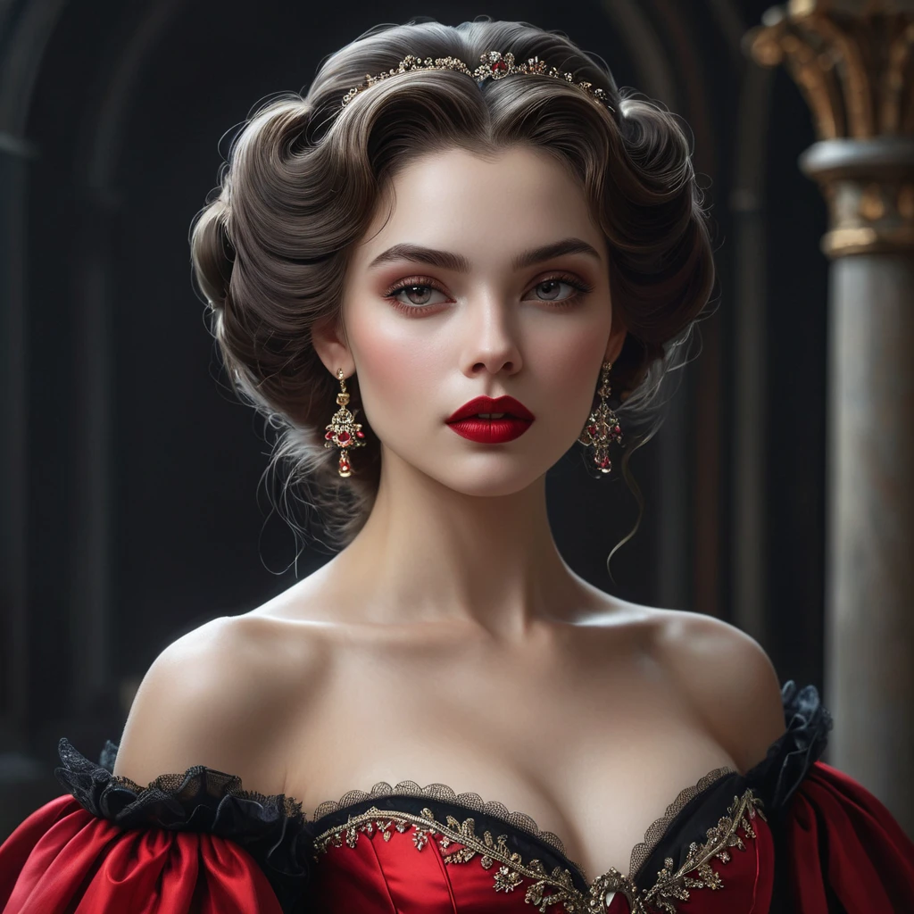 A sensual, 19th-century-inspired vampire courtesan with a ruby-red lip and a gown that seems to shimmer and shine like the surface of a still, dark pool.