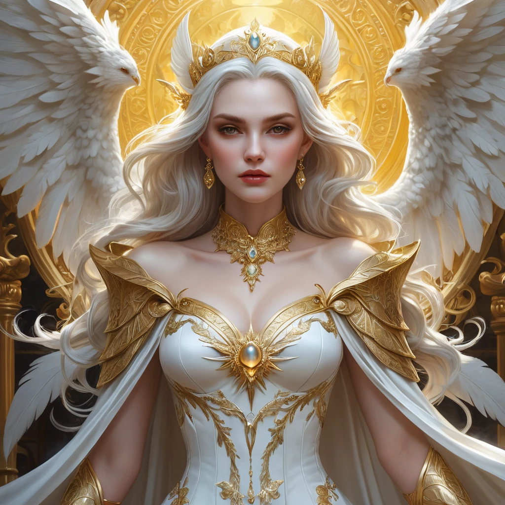 A beautiful, otherworldly vampire queen with skin as pale as snow and hair as bright as the golden sun, surrounded by a retinue of ghostly, winged attendants.