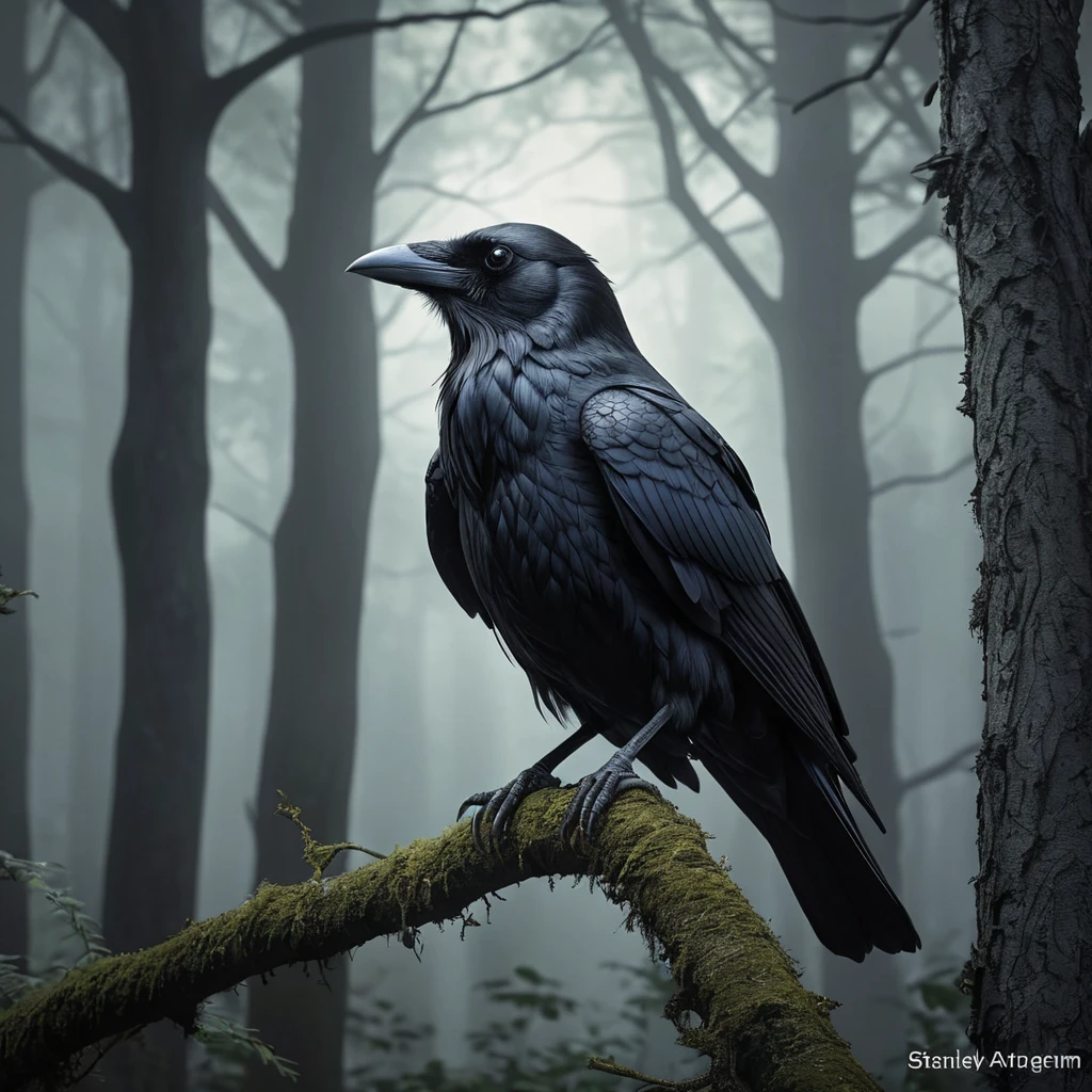 Raven in a haunted forest