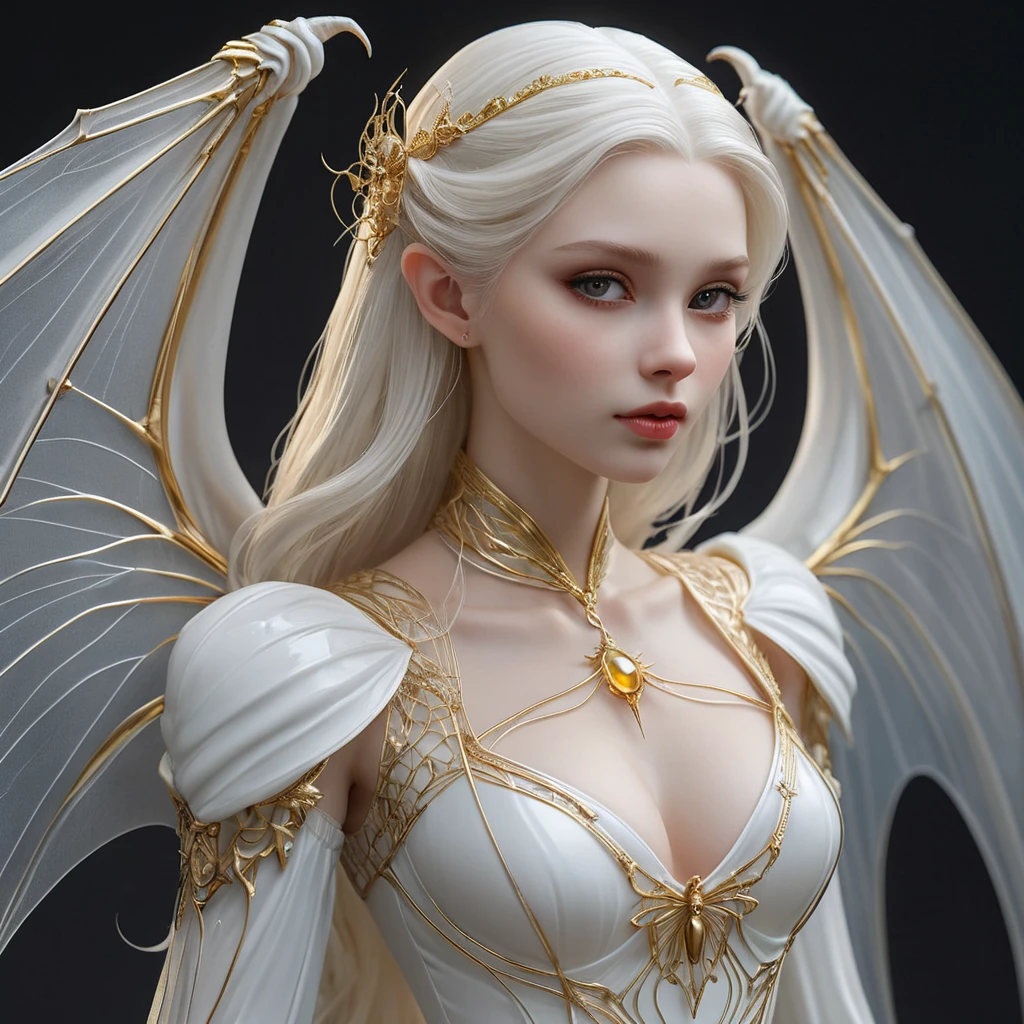 A delicate, porcelain-skinned vampire maiden with wings as transparent as glass and hair that flows like the golden threads of a spider's web.