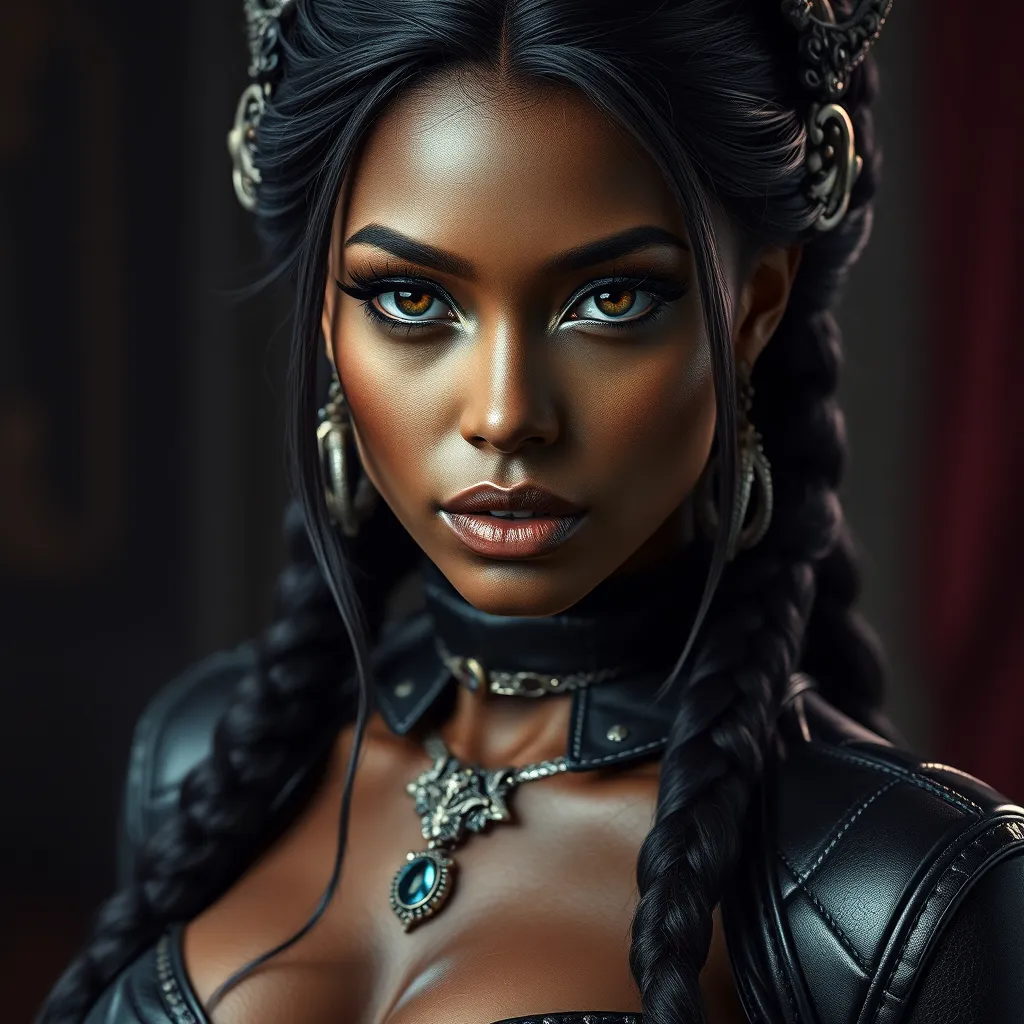 Alluring matte portrait of the beautiful Nidalee in black leather