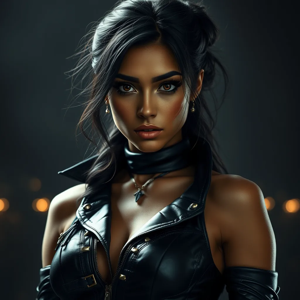 Alluring matte portrait of the beautiful Nidalee in black leather