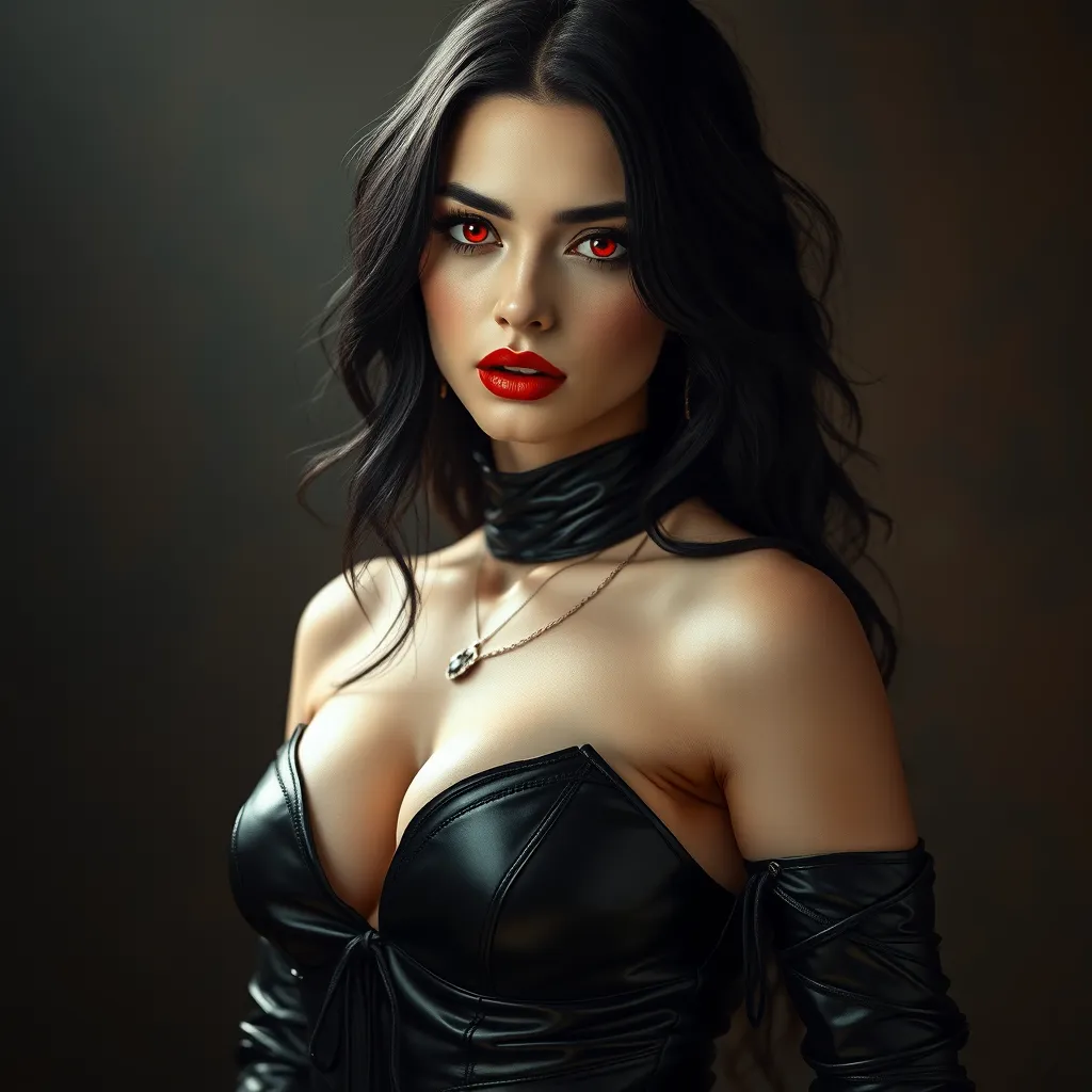 Alluring matte portrait of the beautiful romanian vampire woman in black leather, red eyes