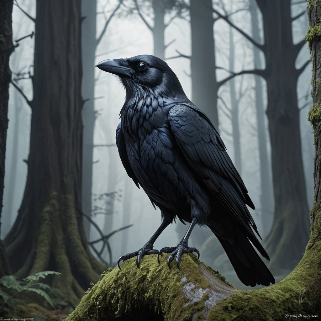 Raven in a haunted forest