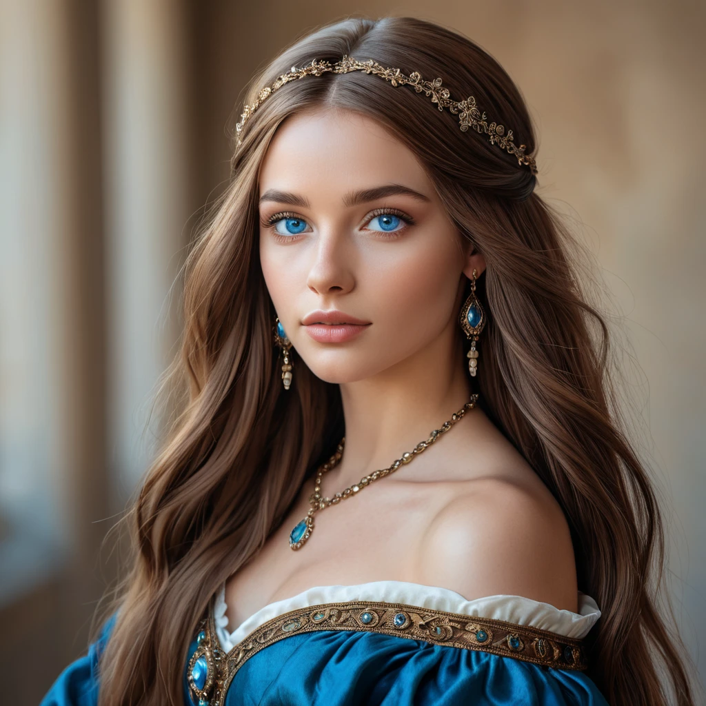 A gorgeous woman inspired by the Renaissance era, with long, straight brown hair and piercing blue eyes