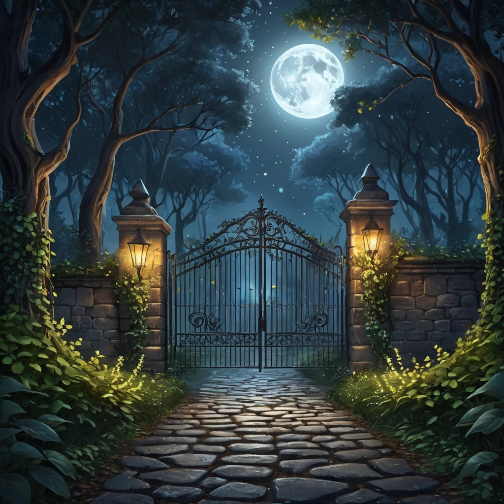 A beautiful digital illustration painting of a detailed gothic fantasy fireflies forest trees and iron gate cobblestone pathway vines full moon