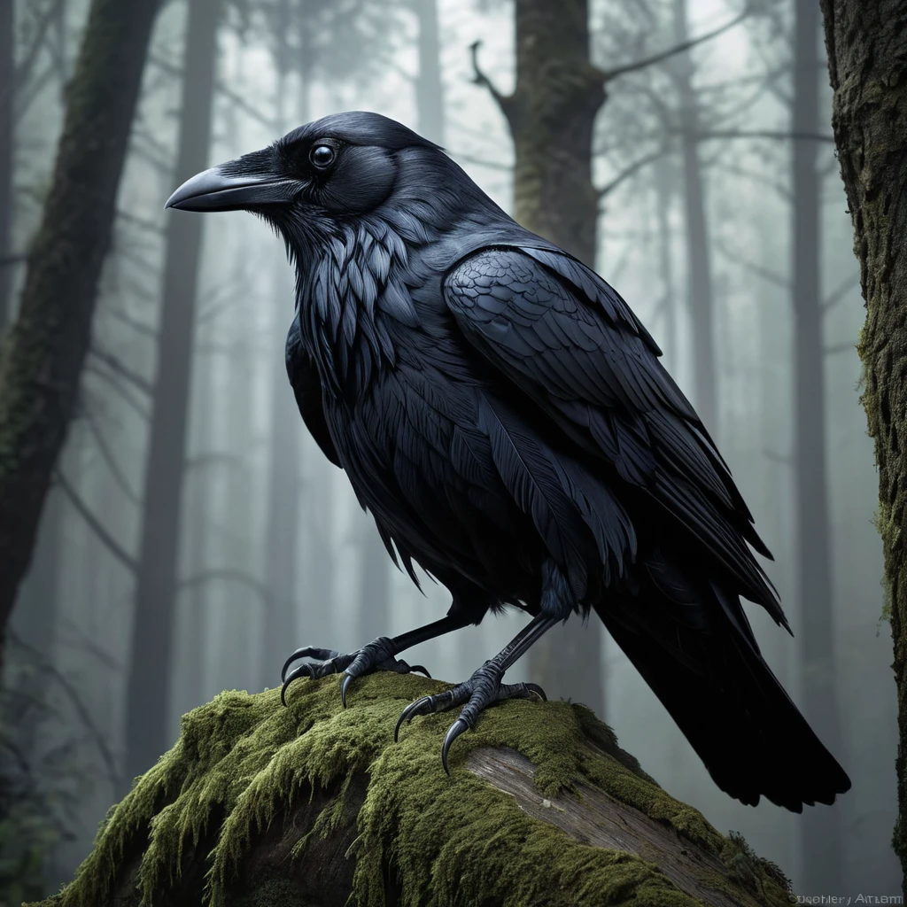 Raven in a haunted forest