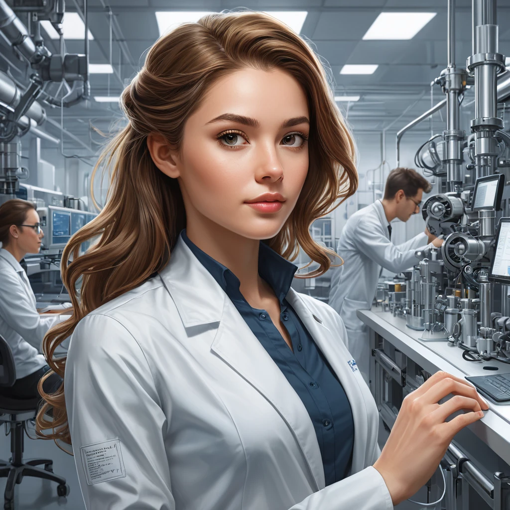 A detailed illustration of A2's backstory, showing her as a young prototype in a high-tech laboratory, with scientists and machinery in the background.