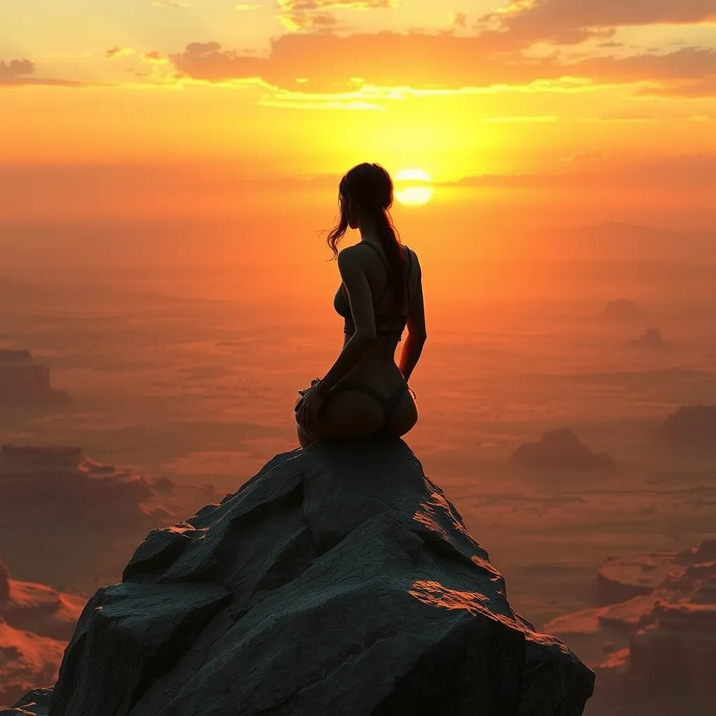 Lara Croft in a moment of solitude, sitting atop a weathered stone, overlooking a vast desert landscape at sunset, her silhouette sharply defined.