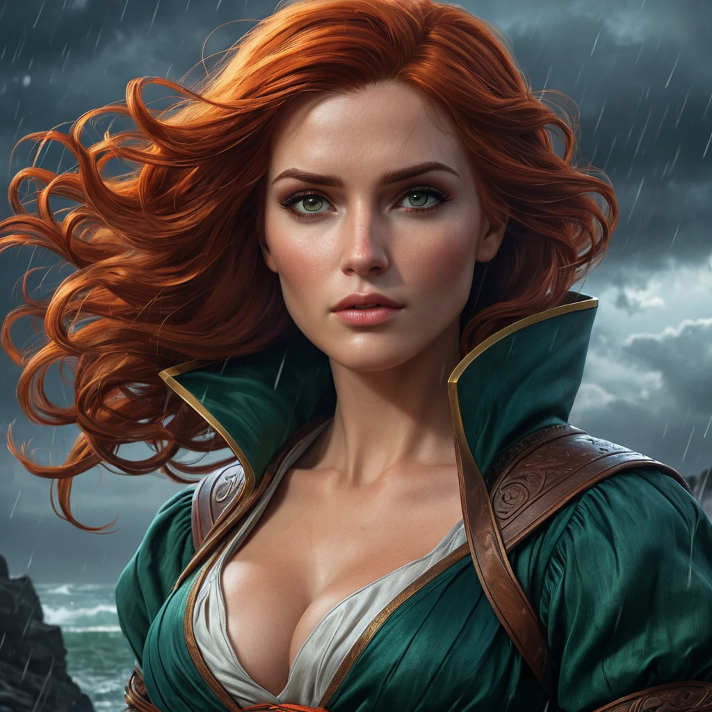 Triss in a dramatic, stormy night scene, her robes and hair blown by the wind as she casts a protective spell