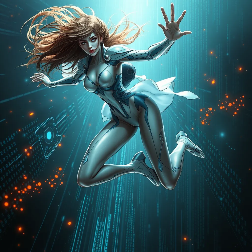 A dynamic action shot of A2 mid-leap, her hair flowing behind her, with a digital overlay of data streams and code, emphasizing her cybernetic nature.