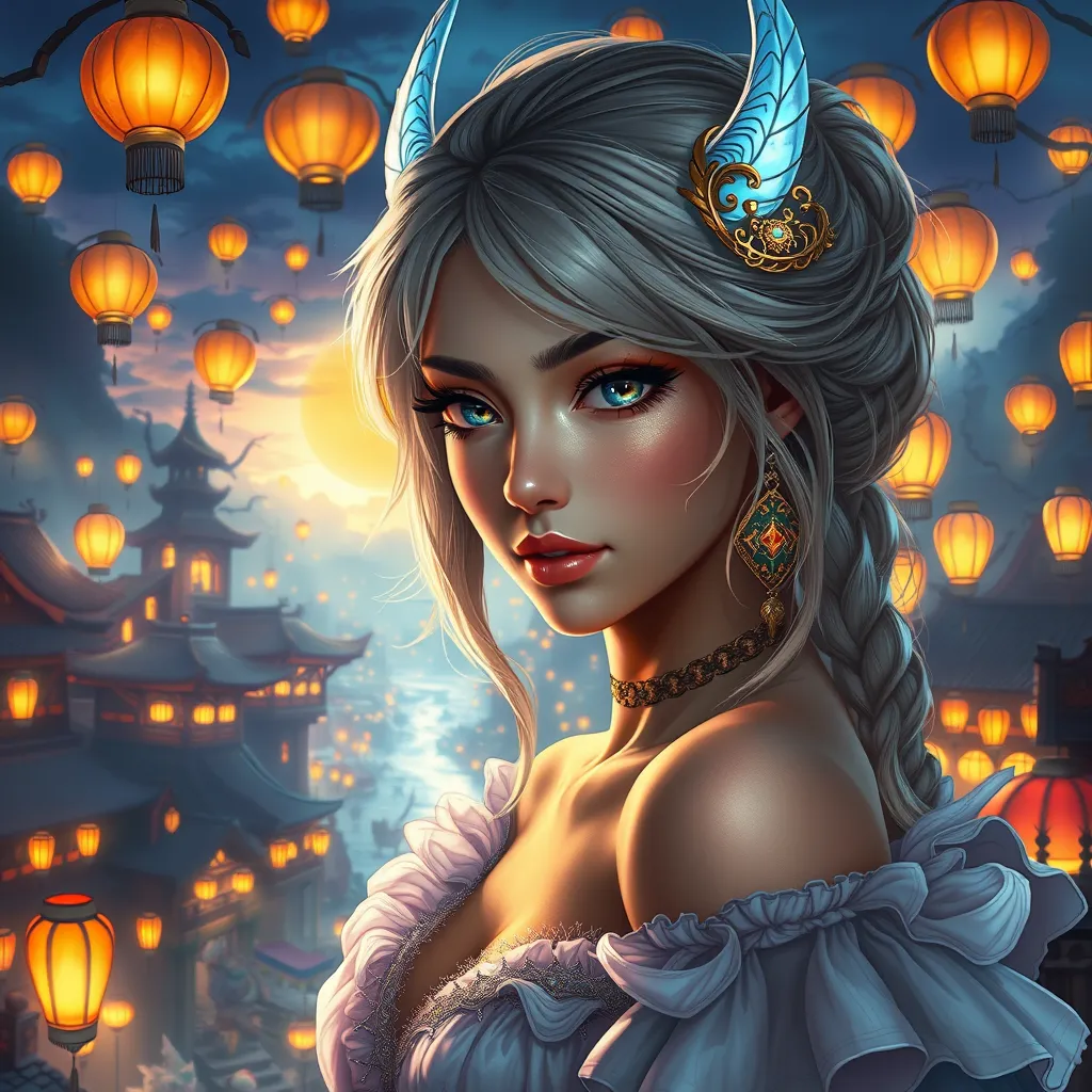 Ciri in a vibrant, magical city at dusk, surrounded by floating lanterns and bustling with mythical creatures, her eyes reflecting the city's lights