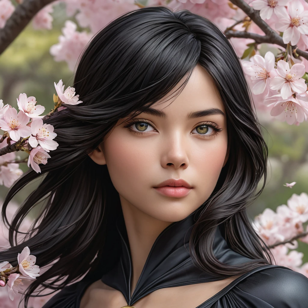 Cassandra Cain, depicted in a serene garden with blooming cherry blossoms, her eyes reflecting the soft pink petals, a gentle breeze lifting her raven hair.