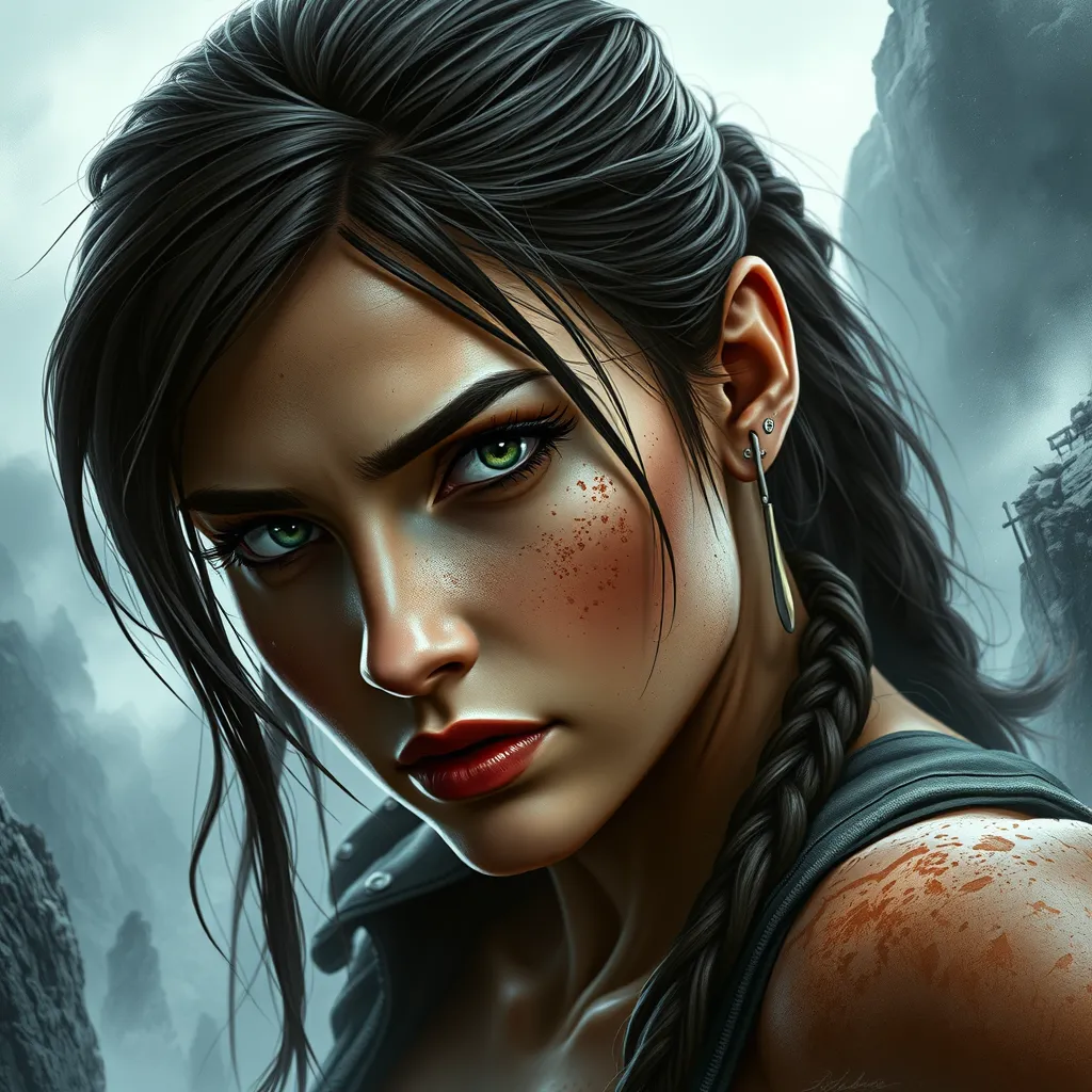 A dramatic close-up of Lara Croft, her eyes intense and focused, set against a stormy, rugged cliffside, emphasizing her resilience and determination.