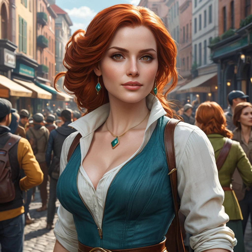 Triss in a bustling city street, her attire both practical and stylish as she navigates the crowd with ease