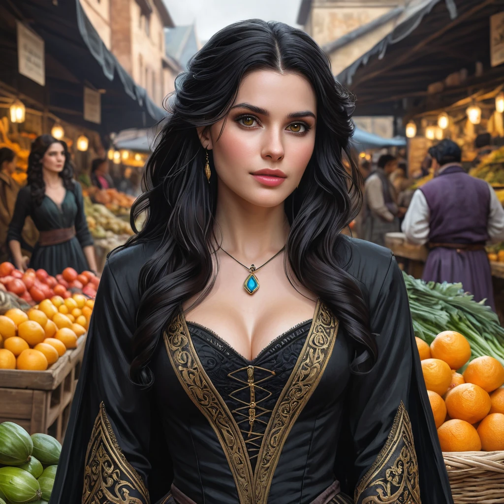 Yennefer in a bustling market, her vibrant robes contrasting with the earthy tones of the vendors, her expression both curious and confident