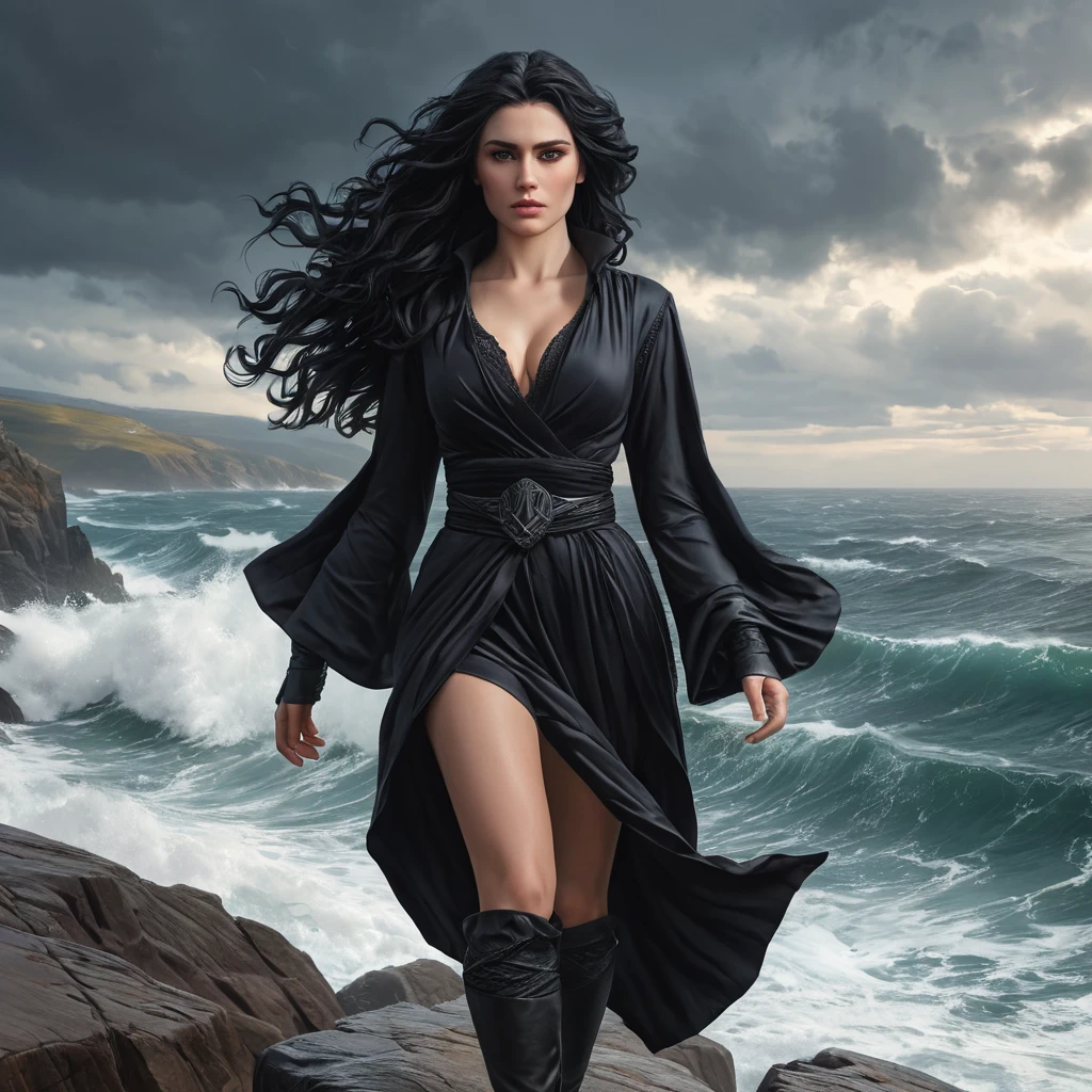 Yennefer in a dramatic, stormy sea setting, her hair and robes whipped by the wind as she stands on a rocky cliff