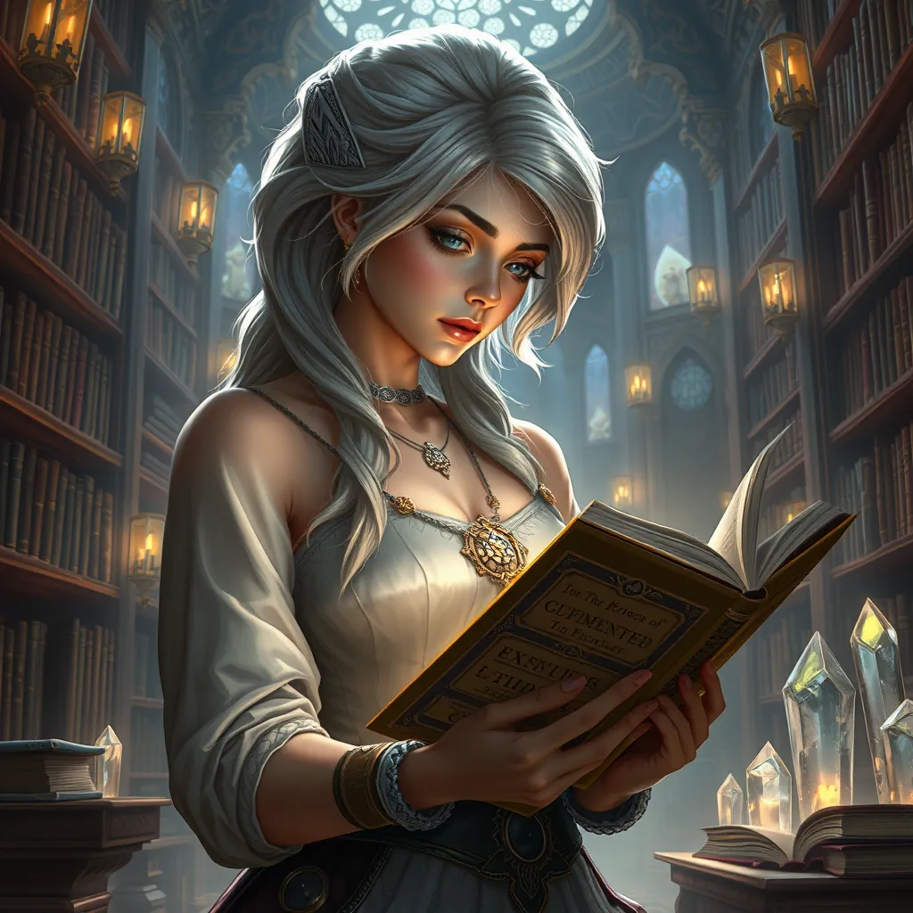 Ciri in a grand library filled with ancient tomes and glowing crystals, her expression focused as she reads an old manuscript