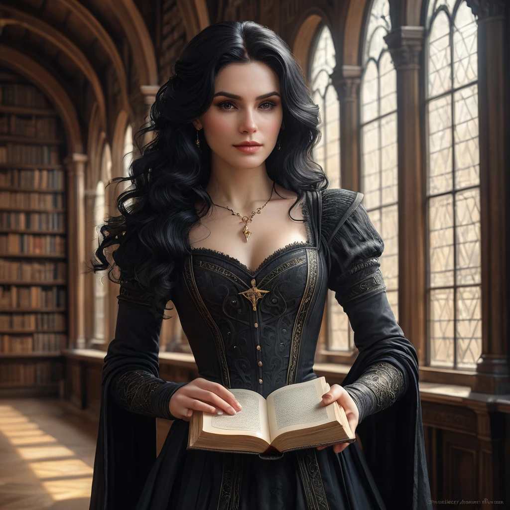 Yennefer in a grand library, her hands gently touching ancient books as she walks, the light from a nearby window casting a soft glow on her face