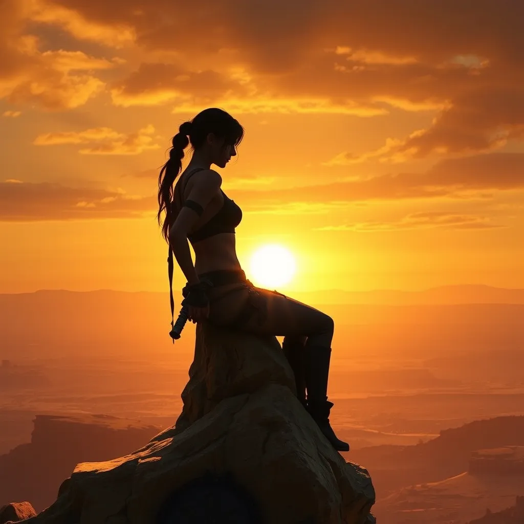 Lara Croft in a moment of solitude, sitting atop a weathered stone, overlooking a vast desert landscape at sunset, her silhouette sharply defined.