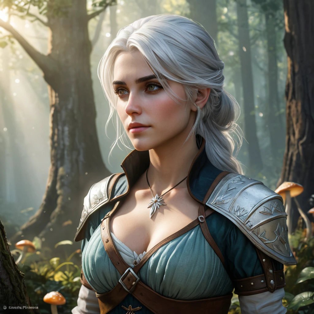 Ciri from The Witcher 3, standing in a misty forest with glowing mushrooms and ancient trees, her silver hair shimmering under the soft light filtering through the leaves