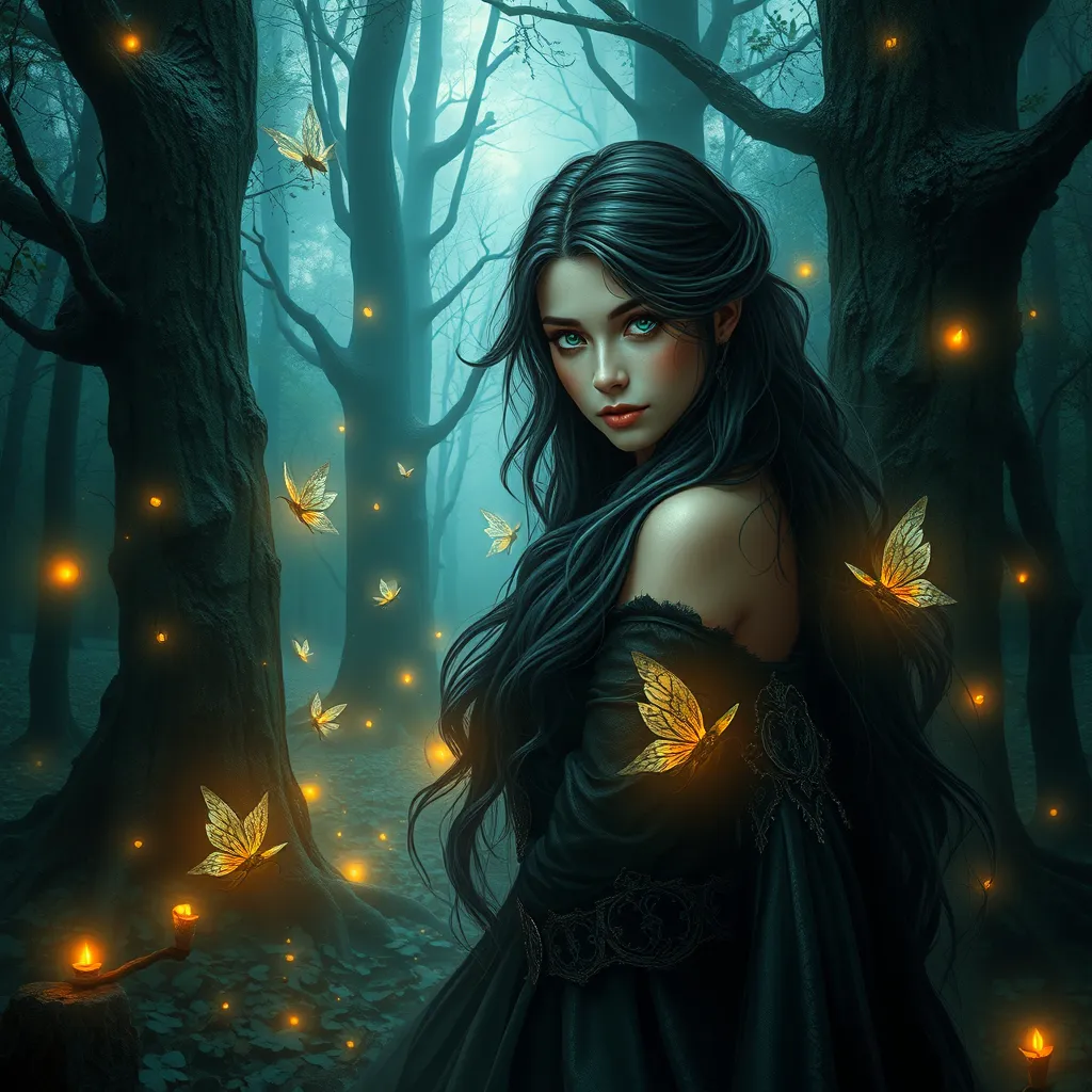 Yennefer in a mystical forest, surrounded by glowing fairies and ancient trees, her eyes reflecting the magical aura