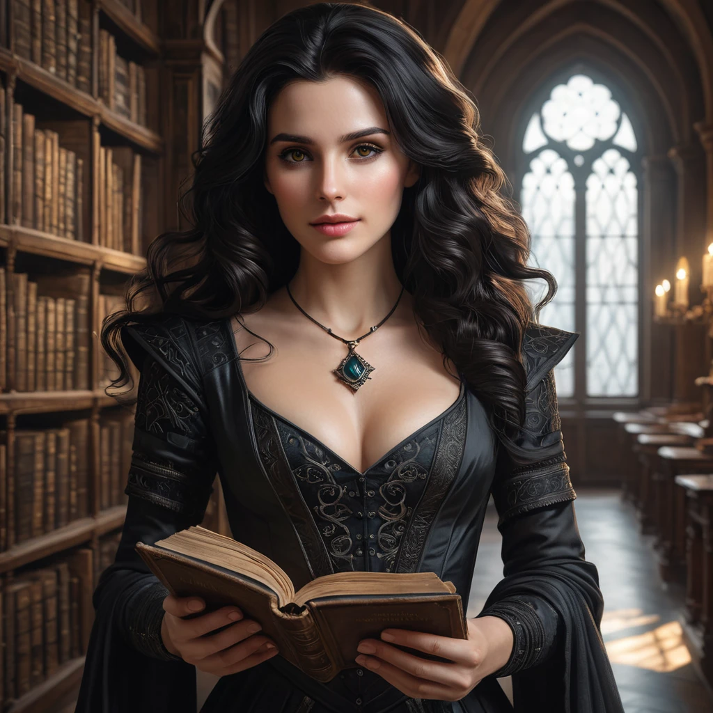 Yennefer in a grand library, her hands gently touching ancient books as she walks, the light from a nearby window casting a soft glow on her face