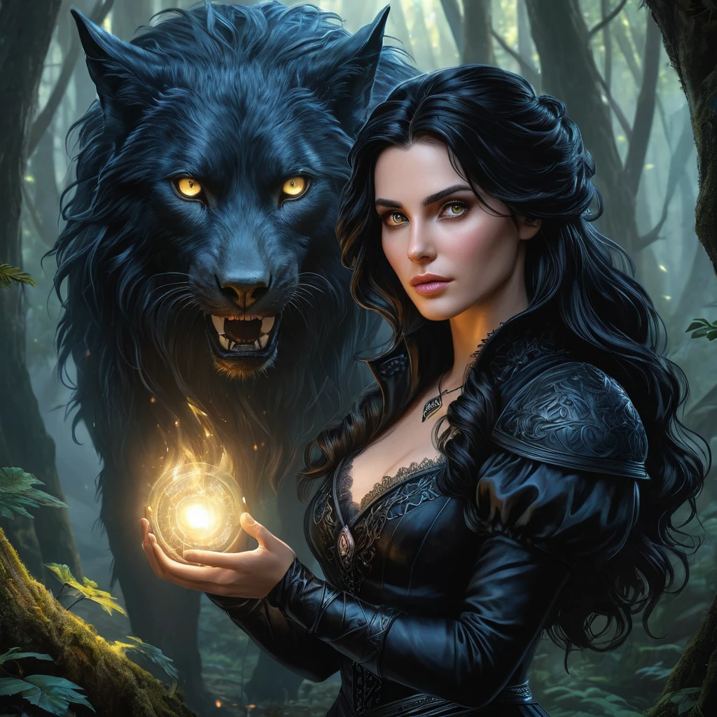 Yennefer in a dark, enchanted forest, her eyes glowing with magical energy as she confronts a mythical creature