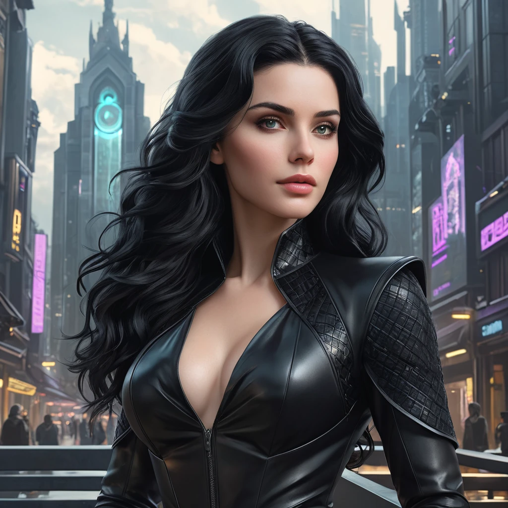 Yennefer in a high-tech, futuristic cityscape, her attire modern yet retaining her classic elegance, her gaze focused on a floating screen