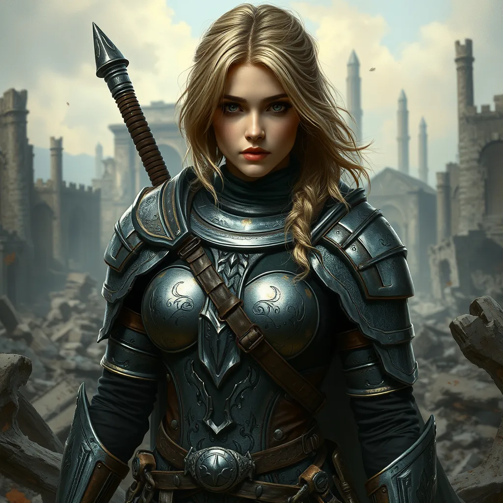 Ciri in a battle-worn armor, standing amidst the ruins of a once-great city, her expression resolute and determined