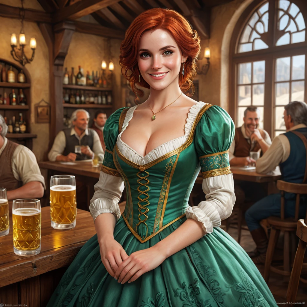 Triss in a bustling tavern, her friendly smile and vibrant dress making her the center of attention among the patrons