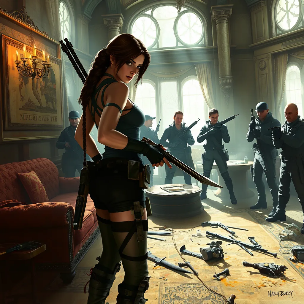 Lara Croft in a tense standoff with a group of mercenaries, her stance defensive, with old-world artifacts and weapons scattered around the room.