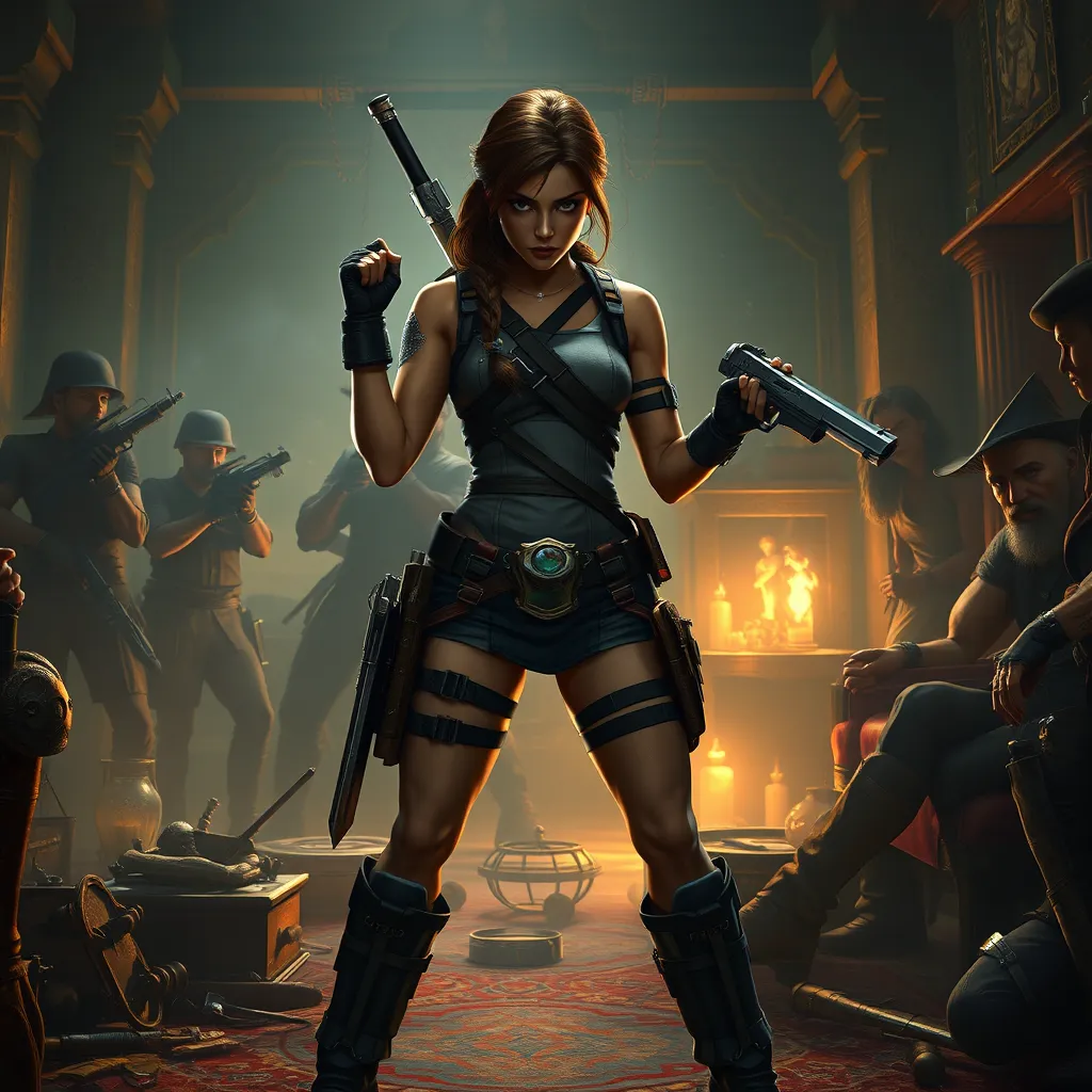 Lara Croft in a tense standoff with a group of mercenaries, her stance defensive, with old-world artifacts and weapons scattered around the room.