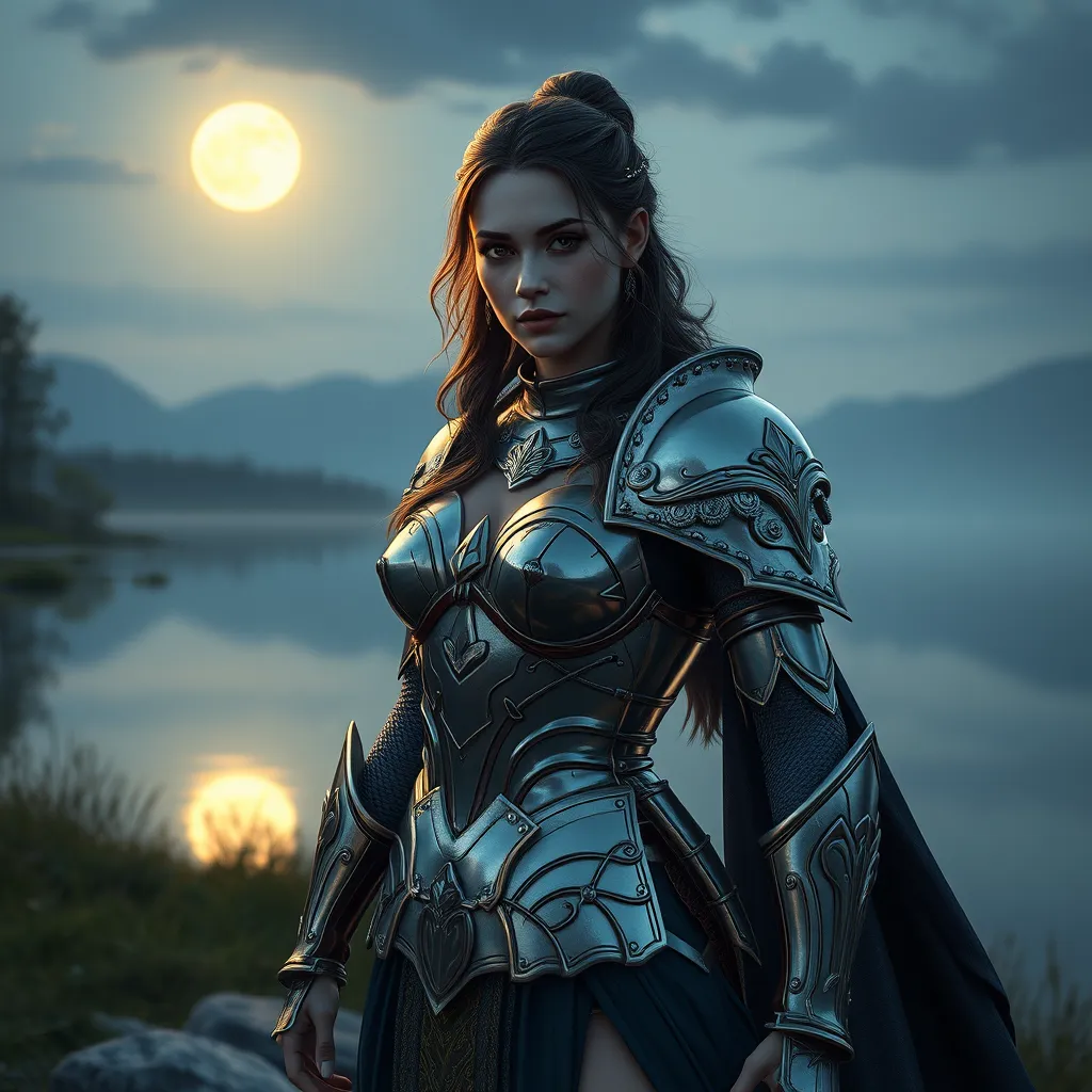 Kassandra on a quiet evening by a serene lake, her armor reflecting the moonlight, creating a peaceful yet powerful portrait of her character