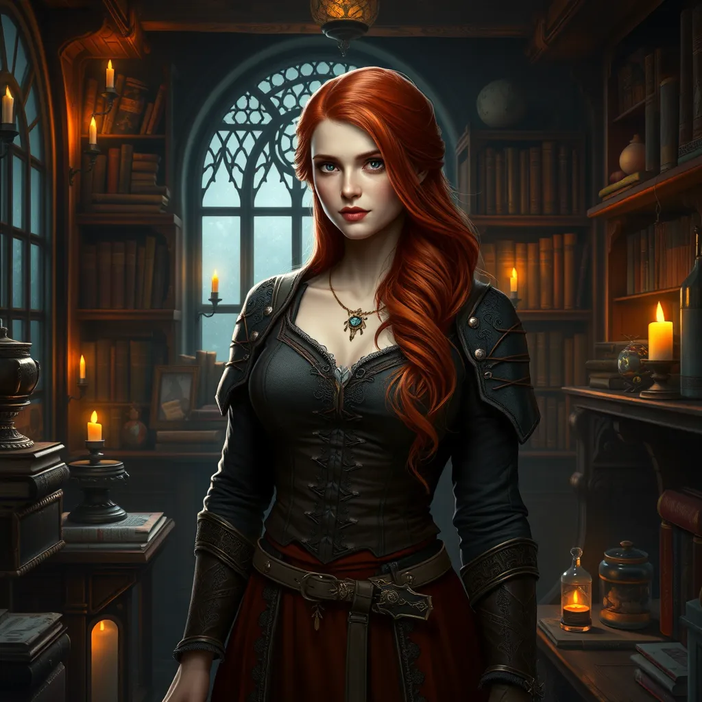 Triss Merigold from The Witcher 3, standing in a cozy, candlelit study filled with books and potions, her red hair cascading over her shoulders