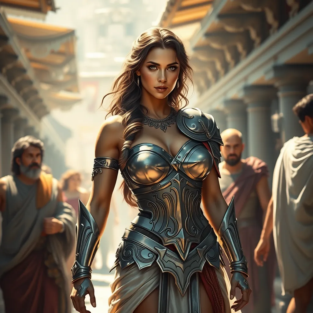 Kassandra in a bustling Greek marketplace, her armor glinting in the sunlight, interacting with various characters, showcasing her charismatic and warrior-like demeanor