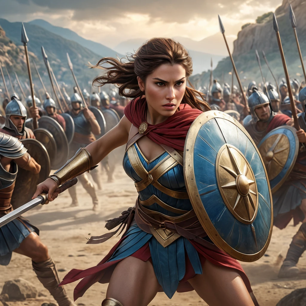 Kassandra in a dramatic battle scene, fighting against a group of Spartan soldiers, her spear and shield in action, emphasizing her skilled combat techniques