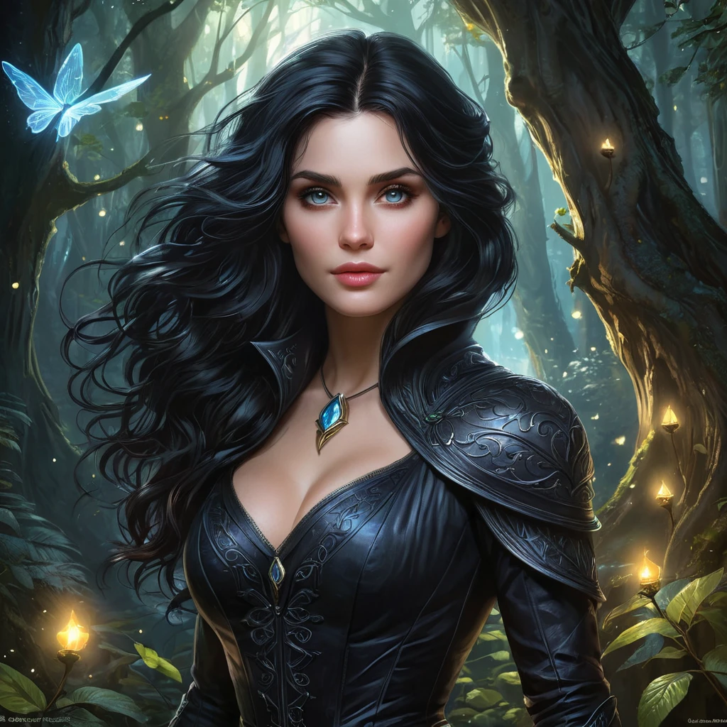 Yennefer in a mystical forest, surrounded by glowing fairies and ancient trees, her eyes reflecting the magical aura