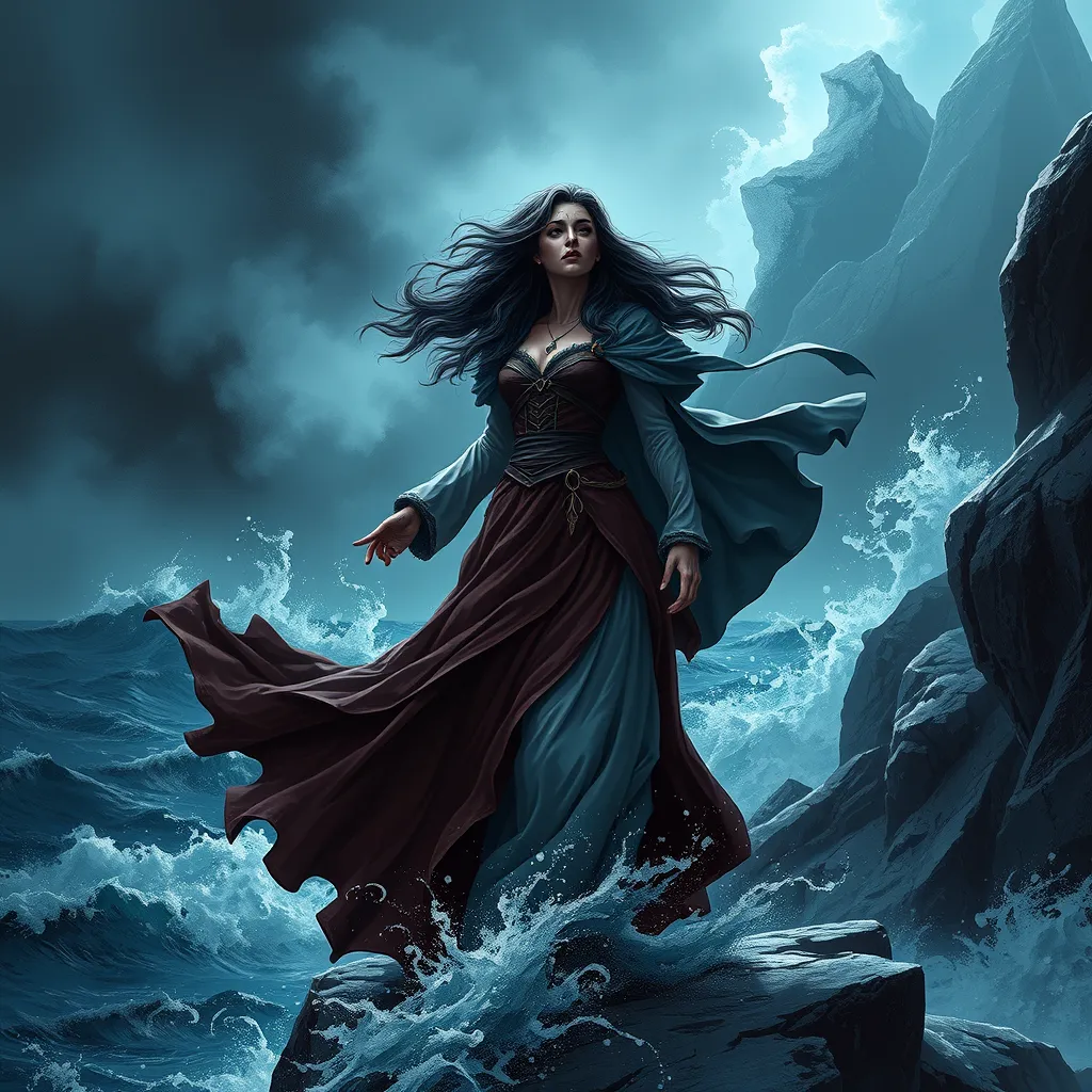 Yennefer in a dramatic, stormy sea setting, her hair and robes whipped by the wind as she stands on a rocky cliff