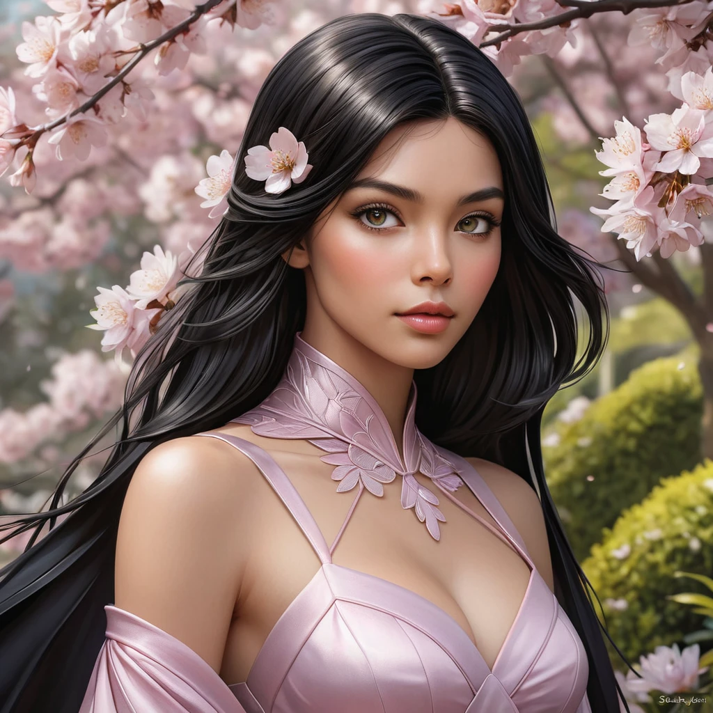 Cassandra Cain, depicted in a serene garden with blooming cherry blossoms, her eyes reflecting the soft pink petals, a gentle breeze lifting her raven hair.