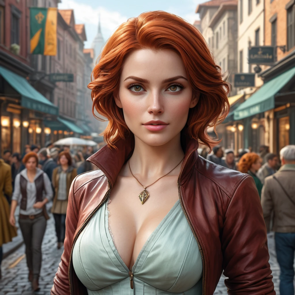 Triss in a bustling city street, her attire both practical and stylish as she navigates the crowd with ease