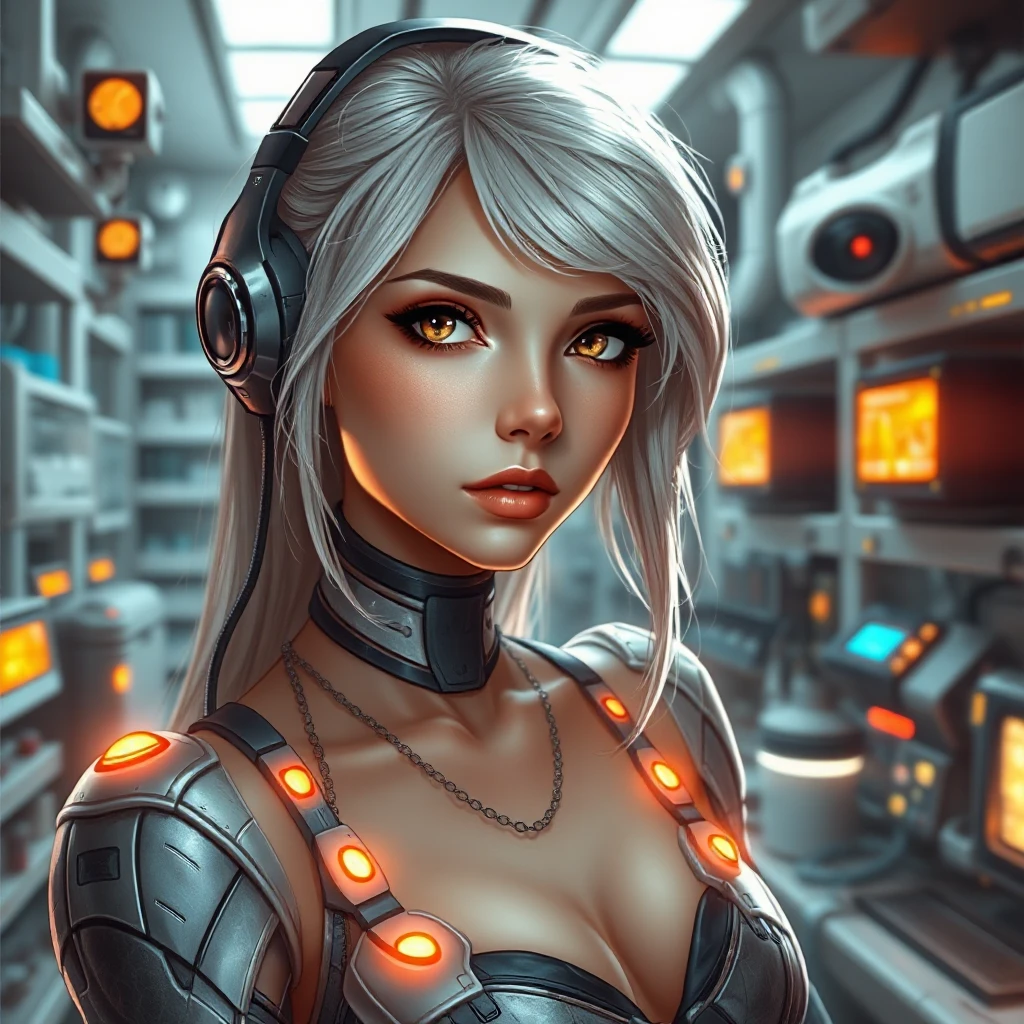 Ciri in a high-tech laboratory, surrounded by futuristic gadgets and glowing screens, her expression curious and intrigued