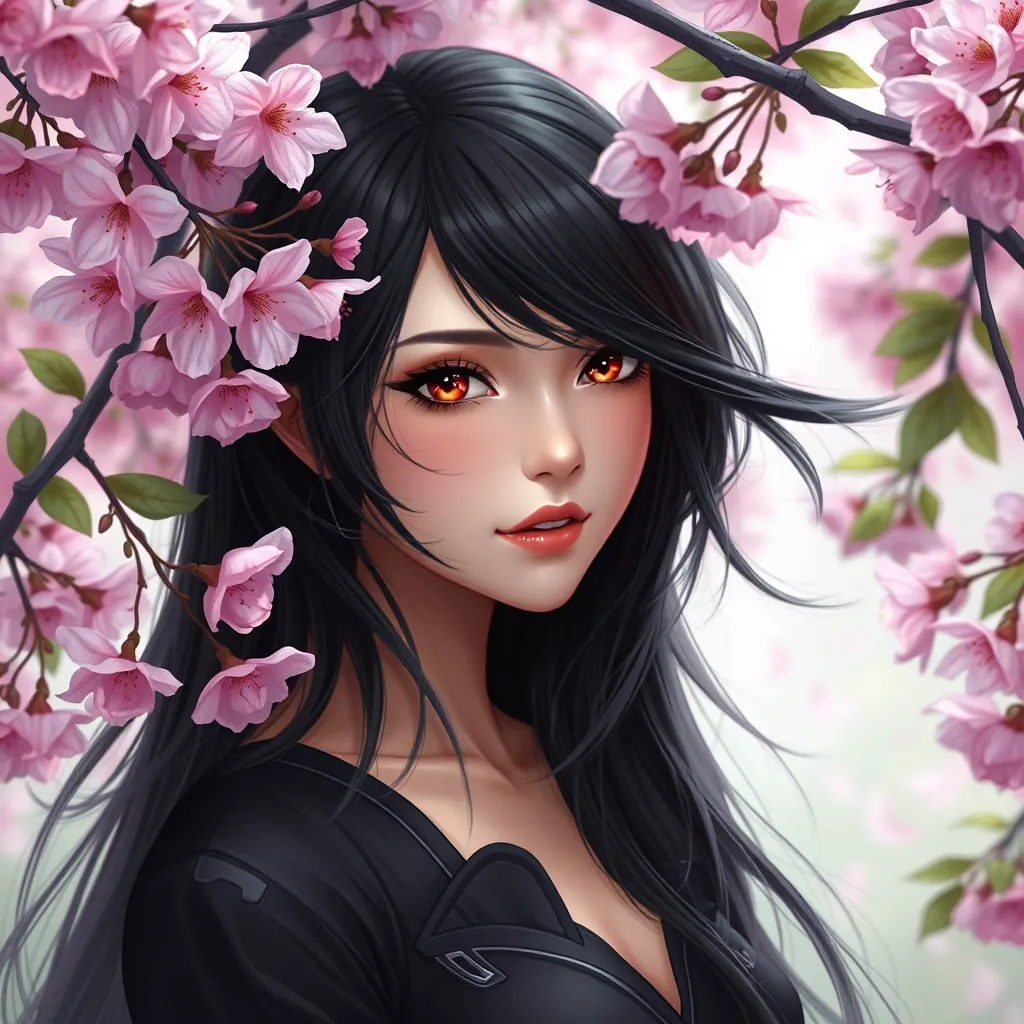 Cassandra Cain, depicted in a serene garden with blooming cherry blossoms, her eyes reflecting the soft pink petals, a gentle breeze lifting her raven hair.