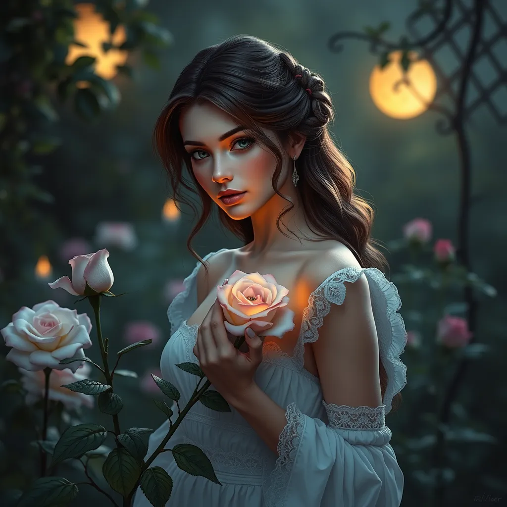 Triss in a serene, moonlit garden, her hands gently touching a blooming rose, the soft light enhancing her natural beauty